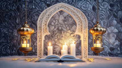 Wall Mural - An arch with gold and white patterns. Two decorative lanterns hang from the arch, and the Koran lies on the table under the arch. Three white burning candles represent the beginning of Ramadan.