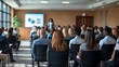 © Rizky Rahmat Hidayat - Business and entrepreneurship symposium. Speaker giving a talk at business meeting. Audience in conference hall. Rear view of unrecognized participant in audience. Ai Generative.