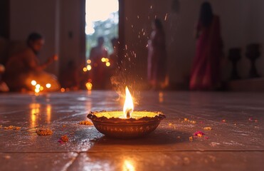 Vibrant Diwali Celebration with Traditional Oil Lamp Glowing Amidst Warm Atmosphere and Festive Decoration in Beautiful Indoor Setting