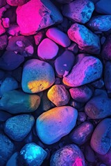 Wall Mural - Vibrant neon-lit stones, close-up view of colorful rocks.