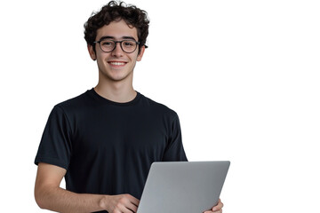 a young man with a laptop, smiling and holding a computer in his hand on a transparent background, s