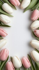 Wall Mural - Soft-focus tulips in pink and white tones framing the edges of a vibrant Easter egg design with blank space in the center for text 