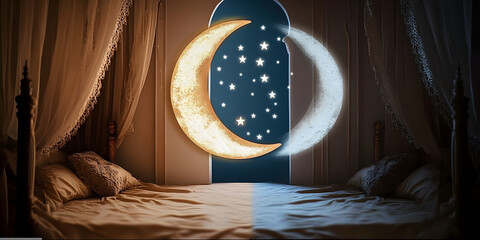 Wall Mural - crescent moon and stars symbolizing the start of ramadan generative ai
