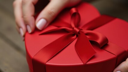 The image shows a pair of hands holding a red gift box. The box is round and has a shiny surface. It is tied with a large red ribbon that is tied in a bow at the top.