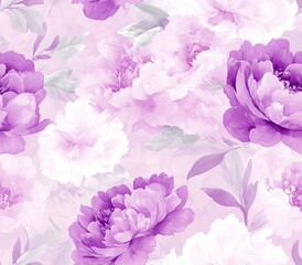 Canvas Print - Seamless watercolor floral pattern with purple and white peonies and leaves on a light pink background.