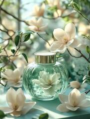 Canvas Print - Glass jar with magnolia blossoms and branches.