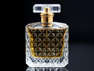 a brand advert image of a bottle of perfume isolated on black background