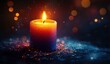 © ANUAR - Beautifully Lit Candle Surrounded by Sparkling Glitter and Dreamy Bokeh Lights in a Dark Setting, Invoking Warmth and Tranquility for Cozy Atmosphere