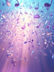 Fototapete - Colorful 3D music notes floating amidst vibrant light rays creating a dynamic audio visual experience. Generative AI