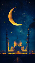 Wall Mural - shining golden crescent moon and starry night sky over illuminated mosque, marking the beginning of 