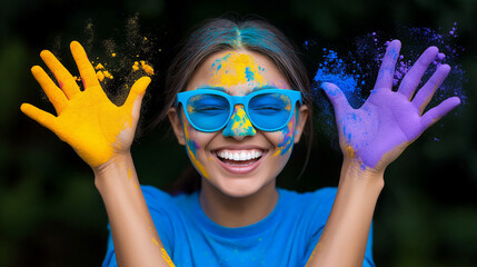 A woman joyfully celebrates Holi by splashing bright colors while wearing fun sunglasses