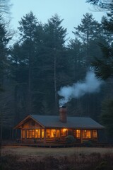 Canvas Print - Cozy cabin glows, smoke plumes, forest surrounds.