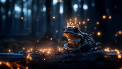 Wall Mural - Frog wearing golden crown with fireflies in night forest