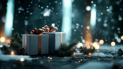 Wall Mural - Wrapped Christmas gift box with copper bow on snowy background in winter forest with sparkles and lights. Holiday greeting cards and social media