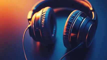 Poster - Close up view of sleek headphones showcasing modern design features against a softly lit background. Generative AI