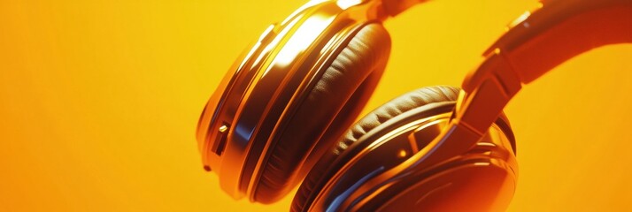 Poster - Close up view of stylish headphones showcasing sleek design and vibrant color against warm backdrop. Generative AI