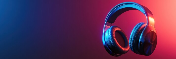 Poster - Close up view of stylish headphones showcasing vibrant colors and sleek design in a modern setting. Generative AI