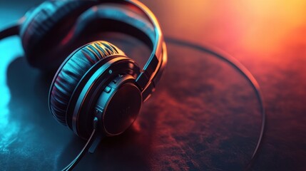 Poster - Close up view of stylish headphones with vibrant lighting and detailed textures. Generative AI