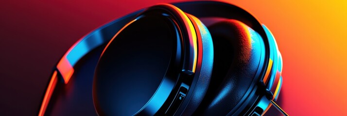 Poster - Close up view of modern headphones showcasing vibrant colors and sleek design in a dramatic lighting setup. Generative AI