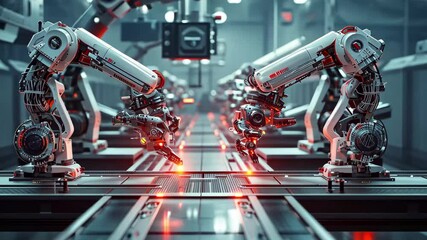 Leinwandbilder - High tech robotic arms work seamlessly on an automated factory assembly line in a futuristic environment during daylight hours