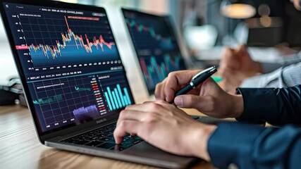Poster - Market analysis showcasing trading graphs with hands typing on laptop in a modern workspace