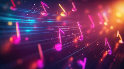 Aufkleber - Vibrant 3D musical staff lines in glowing neon tones creating a mesmerizing visual experience. Generative AI