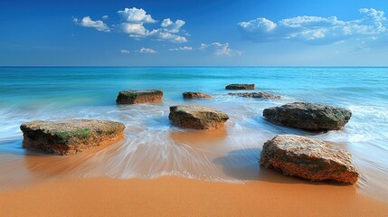 Wall Mural - Rocks on sandy beach with turquoise ocean and blue sky.