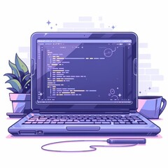 a laptop displaying coding on a desk with plants and a cup.