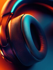 Poster - Close up view of modern headphones showcasing intricate design and vibrant colors with a dynamic background. Generative AI