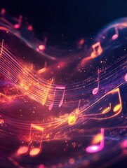 Leinwandbilder - Flowing musical staff lines illuminated in vibrant neon tones create a mesmerizing visual symphony of color and light. Generative AI