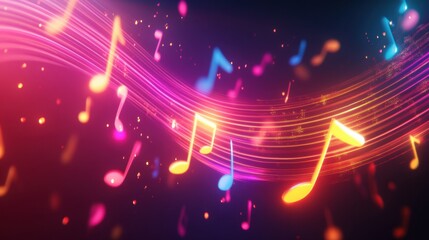 Leinwandbilder - Flowing musical staff illuminated in vibrant neon colors creating a lively atmosphere. Generative AI