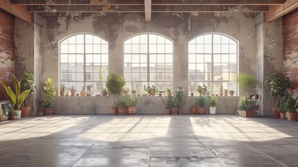 interior view of a spacious industrial-style room with large sunlit windows lined with a diverse arr
