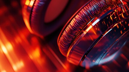 Poster - Close up view of stylish headphones showcasing intricate design and vibrant colors in a modern setting. Generative AI