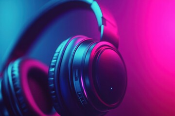 Poster - Close up of stylish headphones featuring vibrant neon colors against a sleek background. Generative AI