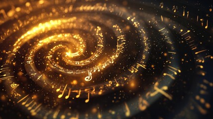 Poster - Swirling 3D music notes create a mesmerizing golden spiral in a dreamlike atmosphere. Generative AI