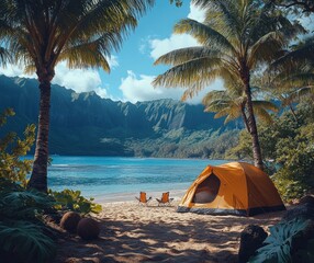 Wall Mural - Idyllic tropical beach camping scene with tent, chairs, palm trees, and mountains.