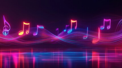Poster - Abstract representation of flowing musical staff lines in vibrant neon tones illuminating a dark space. Generative AI