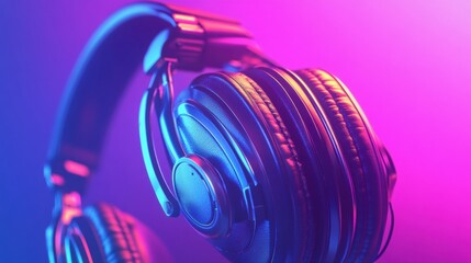 Poster - Close up view of vibrant 3D headphones illuminated with colorful lighting effects in a modern setting. Generative AI