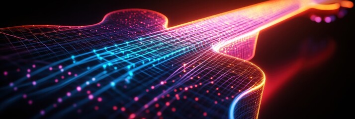 Aufkleber - 3D representation of a guitar with glowing lines and vibrant colors in a digital space at night. Generative AI