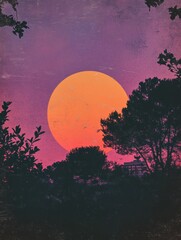 Leinwandbilder - Retro risograph inspired sunset view over silhouettes of trees and buildings in a serene setting. Generative AI
