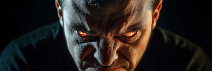 Canvas Print - A man with glowing eyes captures extreme anger in a dramatic portrait filled with tension.