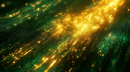 Fototapete - A close-up of a glowing circuit board with pulsing light trails in shades of green and gold. The abstract design emphasizes energy and connectivity