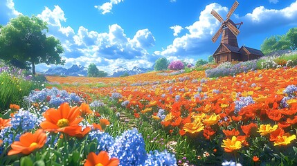 Wall Mural - Sunny day in a colorful flower field with a windmill and mountains in the background.