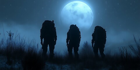 three figures in hazmat suits stand in a foggy field under a large moon at night.