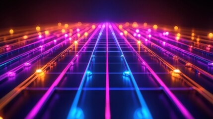 Fototapete - Colorful neon lines create a vibrant 3D grid pattern in dark space showcasing light reflections and depth. Generative AI
