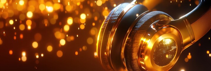 Poster - Close up view of vibrant 3D headphones glowing with bright lights in a dynamic and stylish setting. Generative AI