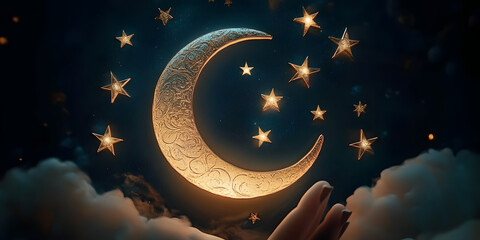 Wall Mural - crescent moon and stars symbolizing the start of ramadan generative ai