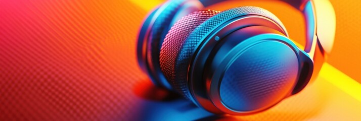 Poster - Close up view of stylish headphones showcasing vibrant colors and intricate details against a textured backdrop. Generative AI