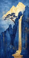 Canvas Print - Serene waterfall cascading down golden-lit cliffs, with a lone tree and blue mountains under a twilight sky.