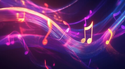 Aufkleber - Flowing musical staff lines in vibrant neon tones create a dynamic visual experience in an abstract setting. Generative AI